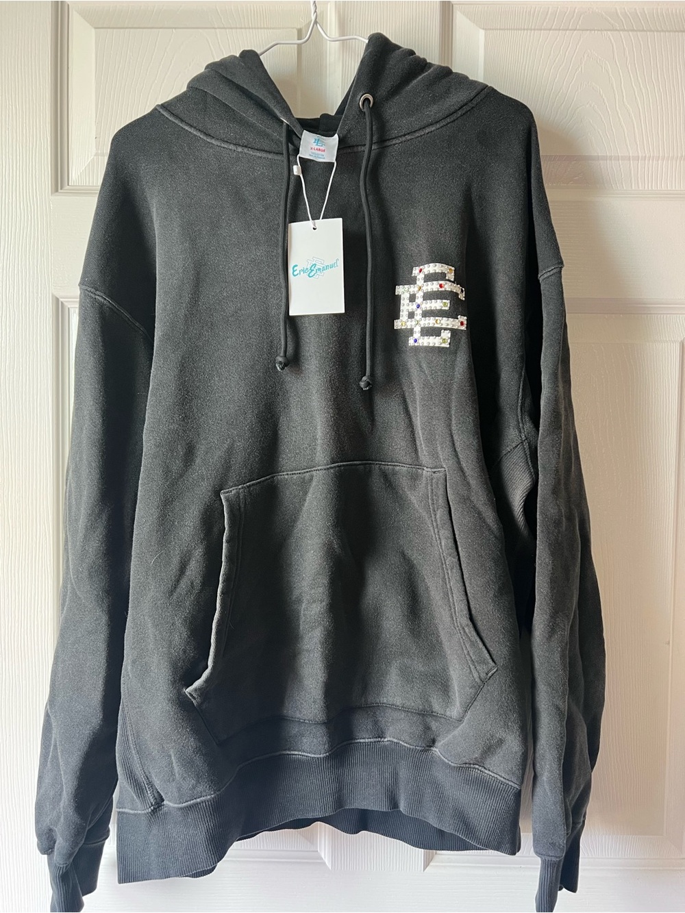 Eric Emanuel Black Crewneck Hoodie with Rhinestone EE Logo